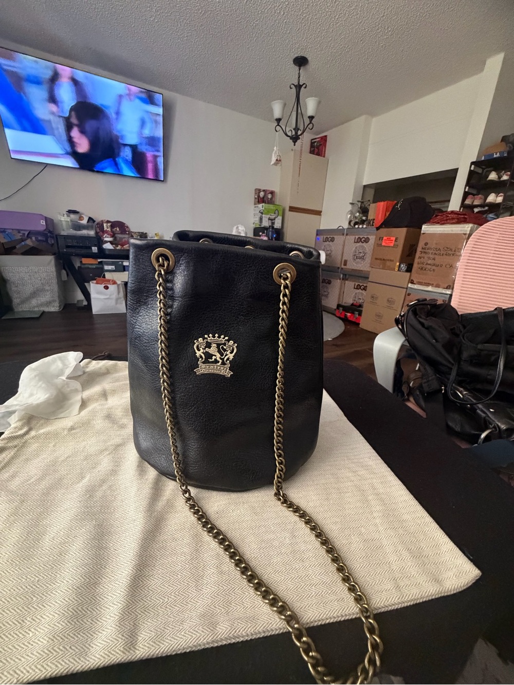Black Leather Chain-Handle Bucket Crossbody Bag